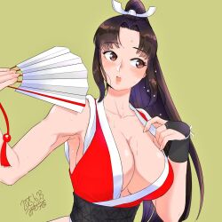1girl armpit_peek bare_shoulders blush breasts brown_eyes brown_hair cleavage collarbone commentary_request dated fatal_fury folded_fan folding_fan hair_ornament hand_fan high_ponytail holding holding_fan hot large_breasts long_hair looking_to_the_side misodiru motoyui ninja open_mouth parted_bangs ponytail sash shiranui_mai sidelocks signature simple_background solo street_fighter street_fighter_6 sweat the_king_of_fighters upper_body