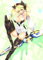 1girl aqua_eyes armor armored_boots armpits bare_shoulders bikini black_panties blonde_hair boots breasts commentary_request female_focus frofrofrost gauntlets gene_(pso2) headgear highres large_breasts microskirt multicolored_hair panties pantyshot phantasy_star phantasy_star_online_2 pleated_skirt skirt smile solo streaked_hair swimsuit thigh_boots thighhighs thighs twintails underwear weapon