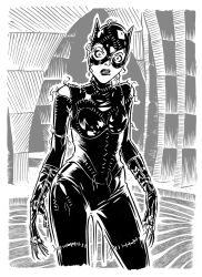 1girl animal_ears batman_(series) batman_returns battle_damage black_bodysuit black_corset black_eyeshadow black_gloves black_mask blue_eyes bodysuit boots breasts cat_ears catwoman catwoman_costume_(batman_returns) claws corset dc_comics djmpaz eyeshadow gloves greyscale hair_coming_out_of_torn_mask highres large_breasts latex latex_bodysuit lipstick makeup mask monochrome pale_skin selina_kyle solo stitches torn_bodysuit torn_clothes torn_mask upper_body