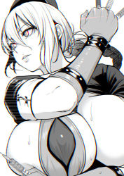 1girl braid breasts chromatic_aberration covered_erect_nipples diisuke eye_trail fate/grand_order fate_(series) florence_nightingale_(fate) florence_nightingale_(trick_or_treatment)_(fate) gloves glowing glowing_eyes greyscale hat holding holding_syringe huge_breasts light_trail limited_palette monochrome nurse_cap parted_lips shrug_(clothing) simple_background skindentation solo spot_color sweat syringe upper_body white_background