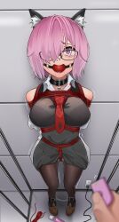 1girl 1other absurdres animal_ears arms_behind_back ball_gag bdsm black_collar black_dress black_pantyhose bondage bound bound_arms bound_legs bralines breast_bondage chain collar controller crotch_rope dress fake_animal_ears fate/grand_order fate_(series) gag gagged glasses hair_over_one_eye harris_hero hetero highres hitachi_magic_wand implied_vibrator indoors kemonomimi_mode mash_kyrielight necktie panties panties_under_pantyhose pantyhose purple_eyes purple_hair red_rope remote_control remote_control_vibrator restrained rope sex_toy shibari shibari_over_clothes short_hair solo_focus standing underwear vibrator white_panties wireless_sex_toy_controller
