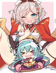 &gt;_&lt; 2girls :d absurdres anna_(princess_connect!) aqua_eyes aqua_hair black_horns black_skirt blush border breasts censored character_censor commentary_request detached_sleeves double-parted_bangs egg_(food) facing_viewer flying_sweatdrops food grey_hair highres holding holding_tray horns kuroha_koudai lightning_bolt_facial_mark long_hair medium_breasts miniskirt mittens multiple_girls nose_blush novelty_censor open_mouth outside_border pink_background pink_mittens pleated_skirt princess_connect! resplendent_phoenix_(shadowverse) shirt short_hair simple_background single_bare_shoulder skirt sleeveless sleeveless_shirt smile sparkle spread_legs steam suspicious_egg_dish tray twitter_username v-shaped_eyebrows white_border white_shirt white_sleeves wooden_tray xd