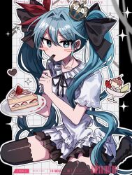 Rule 34 | 1girl, barcode, bare arms, black border, black bow, black ribbon, blush stickers, border, bow, cake, collarbone, crown, danjou sora, dress, eating, food, fork, frilled dress, frills, fruit, grid background, hair between eyes, hair bow, hair intakes, hatsune miku, heart, highres, holding, holding fork, holding plate, long hair, mini crown, plate, qr code, ribbon, short dress, short sleeves, sitting, solo, sparkle, strawberry, strawberry shortcake, thighhighs, twintails, v-shaped eyebrows, very long hair, vocaloid, wariza, white dress, world is mine (vocaloid), zettai ryouiki