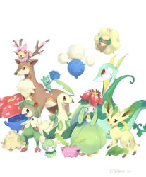 :d aki_yamane bayleef breloom cherrim cherrim_(sunshine) closed_eyes closed_mouth creatures_(company) evolutionary_line game_freak gen_1_pokemon gen_2_pokemon gen_3_pokemon gen_4_pokemon gen_5_pokemon highres hoppip jumpluff leafeon lilligant nintendo no_humans on_head open_mouth petilil pokemon pokemon_(creature) pokemon_on_head red_eyes roselia_(pokemon) sawsbuck serperior shroomish simple_background smile standing tongue vileplume whimsicott white_background
