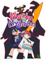 2girls absurdres amate_yuzuriha axe black_hair brown_eyes character_name commentary diagonal-striped_clothes diagonal-striped_necktie english_commentary english_text gquuuuuux green_eyes gundam gundam_gquuuuuux highres holding holding_axe jinou_rakugaki long_hair mecha multiple_girls necktie nyaan_(gundam_gquuuuuux) panty_&amp;_stocking_with_garterbelt parody pleated_skirt red_hair robot short_hair silhouette skirt striped_clothes style_parody title_parody
