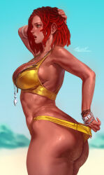 1girl aleriia_v artist_name ass beach bikini blurry blurry_background bracelet breasts brown_eyes butt_crack commentary commission dark-skinned_female dark_skin dreadlocks english_commentary from_side gradient_hair hand_on_own_head highres jewelry large_breasts multicolored_hair open_mouth original patreon_username profile pulling_own_clothes red_hair sand_on_skin solo swimsuit teeth upper_teeth_only wedgie wet whistle yellow_bikini