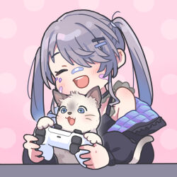 1girl animal bandaid bandaid_on_cheek bandaid_on_face bandaid_on_nose black_jacket black_shirt cat closed_eyes collar controller detached_collar frilled_collar frilled_shirt frills game_controller grey_hair holding holding_controller holding_game_controller hololive hololive_english jacket jewel_under_eye john_cat_(koseki_bijou) kitten koseki_bijou koseki_bijou_(casual) long_hair official_alternate_costume official_alternate_hairstyle ogawagawagaw open_mouth playstation_controller quilted_jacket shirt solo twintails virtual_youtuber