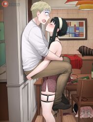 Rule 34 | 1boy, 2girls, absurdres, anya (spy x family), assertive female, black choker, black hair, blonde hair, blue eyes, blush, bottle, brown footwear, brown pants, chair, choker, closed eyes, covering own eyes, cup, dismaiden, dress, drinking glass, drunk, highres, incoming kiss, indoors, multiple girls, painting (object), pants, patreon logo, patreon username, pink hair, red dress, red sweater, shirt, short hair, spill, spy x family, sweater, table, twilight (spy x family), white shirt, wine bottle, wine glass, wooden chair, wooden floor, wooden table, yor briar