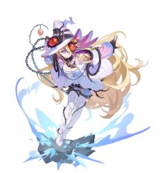 Rule 34 | 1girl, blonde hair, blush, breasts, chain, cleavage, diabellze the original sinkeeper, dress, duel monster, dutch text, elzette azamina of the white forest, elzette of the white forest, full body, hat, highres, long hair, panties, pantyhose, purple eyes, red cucumber, thorns, torn clothes, torn pantyhose, underwear, white background, white dress, white hat, white panties, wide sleeves, witch hat, yu-gi-oh!