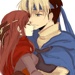 1boy 1girl akieru_nomaki black_hair blonde_hair blue_eyes cape closed_eyes couple earrings flik_(suikoden) gensou_suikoden gensou_suikoden_i headband jewelry long_hair lowres odessa_silverberg red_hair short_hair