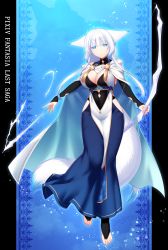 Rule 34 | 1girl, animal ears, blue eyes, blunt bangs, bow (weapon), breasts, cleavage, cloak, closed mouth, dated, female focus, fox ears, fox tail, full body, hip vent, konshin, large breasts, long hair, looking at viewer, orie mishiro, pillarboxed, pixiv fantasia, pixiv fantasia last saga, shadow, signature, solo, standing, tail, weapon, white hair