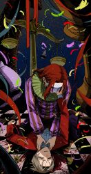 2boys ace_attorney ace_attorney_investigations ace_attorney_investigations_2:_prosecutor&#039;s_gambit ascot balance_scale blood chess_piece clown confetti curtained_hair flower formal_clothes from_above grey_eyes grey_hair highres long_hair long_sleeves male_focus miles_edgeworth multiple_boys neck_ruff parted_bangs red_hair red_suit simeon_saint straddling strangling striped_clothes suit tears thgcha4 tiger_lily tile_floor tiles vertical-striped_clothes weighing_scale white_ascot white_facepaint