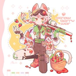 Rule 34 | 1boy, animal ears, asymmetrical clothes, bandaid, basket, belt, blush, braid, brown gloves, brown pants, brown socks, cat boy, cat ears, cat tail, check gender, closed mouth, collared shirt, color guide, commentary request, fingerless gloves, food, fruit, full body, gender request, gloves, goggles, goggles on head, green belt, green nails, green ribbon, gun, hand up, holding, holding gun, holding weapon, long sleeves, looking at viewer, male focus, multicolored hair, nail polish, neck ribbon, original, outline, pants, red eyes, red hair, red shoes, ribbon, shirt, shoes, short hair, signature, single pantsleg, socks, solo, sorata123, strawberry, streaked hair, tail, weapon, white outline, white shirt
