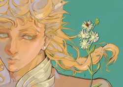 1boy absurdres animal bishounen blonde_hair braid bug colored_eyelashes commentary earrings english_commentary floating_hair flower giorno_giovanna green_background green_eyes highres insect jacket jewelry jojo_no_kimyou_na_bouken ladybug long_hair pink_jacket vento_aureo victory_rolls white_flower windsaor