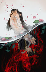 2boys alyruko artist_name bishounen black_background black_eyes black_hair black_hanfu blood blood_on_clothes blood_on_face chinese_clothes chu_wanning closed_eyes closed_mouth erha_he_tadebai_mao_shizun flower frown guan_hat hand_in_another&#039;s_hair hand_on_another&#039;s_back hand_on_another&#039;s_face hand_on_another&#039;s_neck hanfu hat jewelry kiss long_hair long_sleeves looking_at_another lotus lotus_leaf male_focus mian_guan mo_ran multiple_boys multiple_views necklace outdoors pink_flower red_petals robe shirt short_hair smile split_theme upside-down very_long_hair water wet wet_clothes wet_shirt white_background white_hanfu white_robe white_shirt yaoi