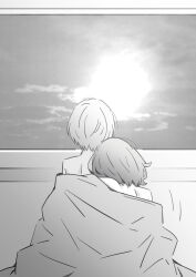 2girls commentary cuddling ebizuka_tomo from_behind girls_band_cry greyscale head_on_another&#039;s_shoulder highres lwmina70119 monochrome multiple_girls nude rupa_(girls_band_cry) short_hair sunset under_covers yuri