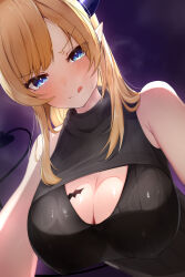 1girl absurdres bare_shoulders black_sweater black_tail blonde_hair blue_eyes blush breast_tattoo breasts breath cleavage cleavage_cutout clothing_cutout demon_girl demon_horns demon_tail highres hololive horns large_breasts long_hair pointy_ears samehada0107 simple_background sleeveless sleeveless_sweater solo sweater tail tattoo tongue tongue_out upper_body virtual_youtuber winged_heart_tattoo yuzuki_choco