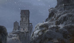 Rule 34 | absurdres, architecture, banner, bridge, cape, cloud, cloudy sky, from side, grass, highres, landscape, medieval, mountain, original, painterly, red cape, refiend, rock, scenery, signature, sky, snow, snowing, tower, white hair