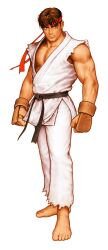 1boy absurdres barefoot black_hair capcom_vs_snk dougi fingerless_gloves game_cg gloves headband highres karate_gi looking_to_the_side male_focus martial_arts_belt mma_gloves mori_toshiaki muscular muscular_male non-web_source official_art red_headband ryu_(street_fighter) short_hair simple_background sleeveless solo street_fighter torn_clothes torn_sleeves v-shaped_eyebrows white_background