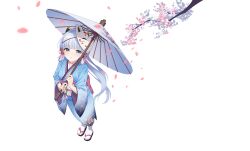1girl absurdres ai_ke_le_de_xiao_hong ayaka_(genshin_impact) blue-framed_eyewear blue_eyes blue_kimono blue_umbrella blunt_bangs commentary fox_mask from_above full_body genshin_impact hands_up highres holding holding_umbrella japanese_clothes kimono long_hair looking_at_viewer mask mask_on_head obi oil-paper_umbrella parted_lips sash socks solo standing umbrella very_long_hair white_sash white_socks