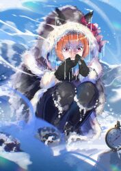 1girl absurdres animal_ears antarctica blue_gemstone blurry blurry_background bow brown_hair clenched_teeth coat cold commentary_request daiwa_scarlet_(umamusume) doushi_tatsu_to_dekkai_no ear_bow ear_covers fur_trim gem highres icicle outdoors red_eyes snowscape snowstorm squatting teeth thermometer tiara umamusume visible_air winter_clothes winter_coat