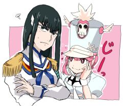 Rule 34 | black hair, blue eyes, blush, conductor baton, epaulettes, hat, heart, heart-shaped pupils, hime cut, jakuzure nonon, kill la kill, kiryuuin satsuki, long hair, long sleeves, looking at another, looking at viewer, moti sirann3, pink eyes, pink hair, shako cap, sweatdrop, symbol-shaped pupils, thick eyebrows, translation request, yuri