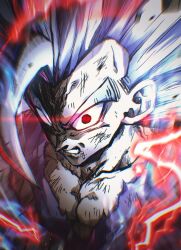 1boy dragon_ball dragon_ball_super dragon_ball_super_super_hero electricity gohan_beast grey_hair hashagu long_hair muscular muscular_male purple_shirt red_eyes shirt solo son_gohan spiked_hair upper_body