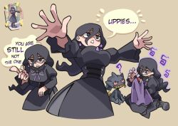1girl ? aura banette black_corset black_dress black_hair breasts corset creatures_(company) dark_aura dress english_text game_freak gen_3_pokemon hair_between_eyes half-closed_eyes hex_maniac_(pokemon) hex_maniac_(pokemon_legends:_z-a) highres holding holding_cloth holding_poke_ball juliet_sleeves light_frown long_hair long_sleeves looking_at_viewer multiple_views neck_ribbon nintendo notus_49 official_art_inset outstretched_arms pantyhose pointing pointing_at_viewer poke_ball poke_ball_(basic) pokemon pokemon_(creature) pokemon_legends:_z-a puffy_sleeves purple_eyes purple_ribbon ribbon speech_bubble wide_sleeves will-o&#039;-the-wisp_(mythology)