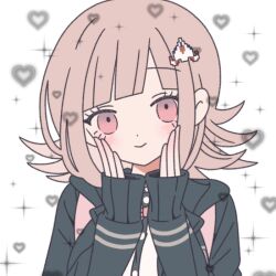 1girl blush brown_hair collared_shirt danganronpa_(series) danganronpa_2:_goodbye_despair flipped_hair galaga hair_ornament heart hood jacket komanami_kawaii long_sleeves looking_at_viewer medium_hair nanami_chiaki neck_ribbon open_clothes open_jacket pink_eyes pink_ribbon ribbon shirt smile solo spaceship_hair_ornament white_shirt