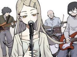 1girl 3boys ariizumi_kei bald band_(music) bass_guitar beard belt black_hair black_pants blonde_hair blue_shirt brown_belt coat collared_shirt crossover drum drum_set drumming drumsticks electric_guitar faceless faceless_male facial_hair gakuen_idolmaster glasses green_shirt grey_pants grey_shirt guitar hair_ornament hairclip half-closed_eyes highres holding holding_drumsticks holding_guitar holding_instrument holding_microphone_stand hosoi_tokutaro idolmaster instrument johnnyama light_blush long_hair microphone_stand multiple_boys music opaque_glasses open_clothes open_coat pants playing_instrument real_life shinosawa_hiro shirt shirt_tucked_in short_hair shoulder_strap simple_background singing spaghetti_strap standing sunfaded_(idolmaster) swept_bangs white_background white_coat white_shirt yoshigaki_yasuhiro