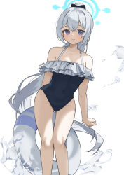 1girl bcag. black_one-piece_swimsuit blue_archive blue_halo casual_one-piece_swimsuit frilled_one-piece_swimsuit frills grey_hair halo highres innertube long_hair looking_at_viewer miyako_(blue_archive) miyako_(swimsuit)_(blue_archive) off-shoulder_one-piece_swimsuit off_shoulder official_alternate_costume one-piece_swimsuit ponytail purple_eyes simple_background solo swim_ring swimsuit white_background white_innertube