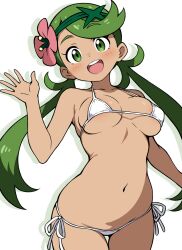 1girl :d areola_slip bikini blush breasts covered_erect_nipples cowboy_shot dark-skinned_female dark_skin ecgg_(tsuji418477) flower green_eyes green_hair grey_background hair_flower hair_ornament highres long_hair looking_at_viewer mallow_(pokemon) medium_breasts micro_bikini navel nintendo open_hand open_mouth pokemon pokemon_sm side-tie_bikini_bottom simple_background smile solo stomach swimsuit twintails very_long_hair white_bikini