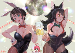 3girls animal_ears arm_up armpits azuma_(azmdraw) backlighting beer_mug black_hair bow bowtie breasts brown_hair cleavage commentary cup detached_collar disco_ball drink green_bow green_bowtie grin hair_ornament hashtag-only_commentary highres hololive large_breasts leotard light_particles liquid long_hair looking_at_viewer mug multicolored_hair multiple_girls one_eye_closed ookami_mio oozora_subaru open_mouth pink_hair playboy_bunny rabbit_ears red_bow red_bowtie rust_(game) sakura_miko short_hair sidelocks signature single_sidelock smile sparkle streaked_hair sunglasses sweat tail upper_body virtual_youtuber wolf_ears wolf_girl wolf_tail wrist_cuffs yellow_eyes
