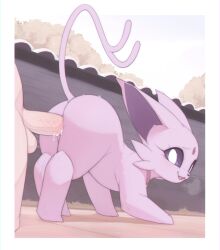 1boy 1girl animal_sexualization bestiality border cum cum_in_pussy cum_overflow espeon forked_tail gen_2_pokemon hetero highres kekitopu nintendo open_mouth penis pokemon pokemon_(creature) pokephilia purple_eyes purple_fur pussy sex sex_from_behind solo_focus tail testicles third-party_source vaginal white_border