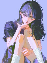 1girl black_hair blood commentary_request dress earrings highres jewelry john_kafka long_hair looking_at_viewer nosebleed original purple_background purple_dress purple_eyes short_sleeves simple_background socks solo white_socks