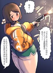 1girl absurdres bad_link belt_collar black_shirt brown_hair collar fireworks freckles from_behind from_side hand_in_pocket highres hood hoodie jitome jk_mob-chan_(minami_aomori) looking_back looking_to_the_side minami_aomori mob_face musical_note neck_ribbon night orange_hoodie original ribbon senkou_hanabi shirt short_hair short_shorts shorts solo sparkler standing