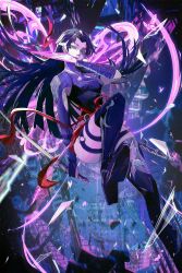 1girl black_hair breasts earrings elbow_gloves gloves highleg highleg_leotard highres holding holding_sword holding_weapon jewelry large_breasts leotard long_hair looking_at_viewer marvel marvel_rivals psylocke psylocke_(vengeance) purple_eyes purple_leotard sash solo superhero_costume sword tamago_nashi thighhighs weapon x-men
