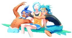 3boys arm_up black_gloves blue_eyes blue_hair blue_shorts brawly_(pokemon) closed_eyes closed_mouth eyewear_on_head ffccll fingerless_gloves gloves goggles goggles_around_neck grin grusha_(pokemon) highres knees male_focus marlon_(pokemon) multiple_boys nintendo pokemon pokemon_bw2 pokemon_oras pokemon_sv shirt short_hair short_sleeves shorts sitting sleeveless sleeveless_shirt smile sunglasses tan tanline teeth topless_male yellow_shirt