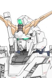 aron_e glowing glowing_eyes green_eyes gundam gundam_unicorn mecha mobile_suit no_humans nt-d portrait robot science_fiction solo unicorn_gundam v-fin white_background