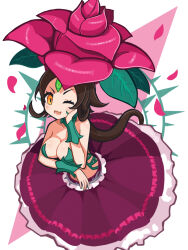 1girl bare_shoulders breasts brown_hair cleavage dress fang flower frilled_skirt frills hair_flower hair_ornament highres large_breasts light_blush long_hair looking_at_viewer majo_to_hyakkihei_2 one_eye_closed open_mouth orange_eyes petals prim_(majo_to_hyakkihei) skin_fang skirt solo suaman third_eye thorns v-shaped_eyebrows white_background