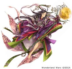 Rule 34 | 1girl, :d, antenna hair, armor, bamboo, bamboo print, barefoot, black eyes, black hair, blunt ends, closed mouth, copyright notice, full body, full moon, green halo, hagiya kaoru, hagoromo, halo, halo ornament, hikimayu, holding, holding staff, japanese clothes, kaguya (wonderland wars), kimono, layered kimono, long hair, long sleeves, looking to the side, moon, obi, official art, open mouth, parted bangs, purple kimono, ribbon-trimmed sleeves, ribbon trim, sash, shawl, shoulder armor, sidelocks, simple background, sleeves past fingers, sleeves past wrists, smile, solo, staff, tassel, very long hair, white background, white sash, wonderland wars