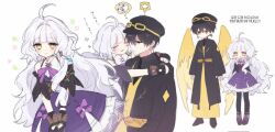1boy 1girl ahoge boots chibi hair_intakes hb_1f height_difference highres hug mabinogi pantyhose player_character_(mabinogi) rowan_(mabinogi)