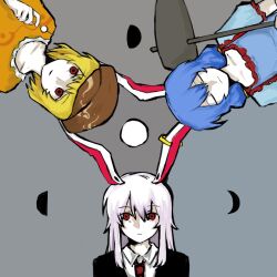 Rule 34 | 3girls, animal ears, black jacket, blonde hair, blue dress, blue hair, brown hat, closed eyes, closed mouth, collarbone, collared shirt, crescent, dango, dress, earclip, food, full moon, grey background, hair between eyes, hammer, hat, highres, holding, holding hammer, holding skewer, holding weapon, jacket, lei niao3375, long hair, looking at viewer, looking to the side, low twintails, moon, moon phases, multiple girls, necktie, open mouth, orange shirt, puffy short sleeves, puffy sleeves, purple hair, rabbit ears, rabbit girl, red eyes, red necktie, reisen udongein inaba, ringo (touhou), seiran (touhou), shirt, short hair, short sleeves, sidelocks, simple background, skewer, smile, t-shirt, touhou, twintails, upper body, visor cap, wagashi, weapon, white shirt