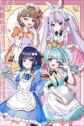 4girls animal_ears apron ascot blonde_hair blue_hair blush bow brown_hair closed_mouth donut fake_animal_ears fang food gradient_hair grey_eyes hair_bow hana_s highres holding holding_tray looking_at_viewer maid maid_apron maid_headdress multicolored_hair multiple_girls necktie one_eye_closed open_mouth ponytail purple_eyes purple_hair red_eyes sendo_yuuhi shiranami_ramune streaked_hair tosaki_mimi tray tsumugi_kokage twintails two-tone_hair virtual_youtuber vspo! w white_hair