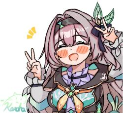1girl black_hairband black_jacket blue_eyes blush closed_eyes collared_shirt cropped_jacket double_v firefly_(birefly)_(honkai:_star_rail) firefly_(honkai:_star_rail) grey_hair hair_between_eyes hair_intakes hair_ornament hair_ribbon hairband honkai:_star_rail honkai_(series) jacket kotohaneko_0307 lowres neckerchief open_mouth orange_neckerchief ribbon shirt signature simple_background smile v white_background white_shirt