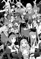 6+girls ^_^ animal_ears asmodeus_(umineko) beelzebub_(umineko) belphegor_(umineko) cake chiester00 chiester410 chiester45 chiester556 chiester_sisters closed_eyes cornelia_(umineko) dlanor_a._knox drill_hair eiserne_jungfrau eyepatch closed_eyes feeding food fork gertrude_(umineko) greyscale hat heart heart_in_mouth highres leotard leviathan_(umineko) lucifer_(umineko) mammon_(umineko) monochrome multiple_girls necktie open_mouth ponytail rabbit_ears salute satan_(umineko) smile sofy stakes_of_purgatory tears twintails umineko_no_naku_koro_ni