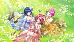 3girls aqua_eyes blue_dress blue_eyes blue_flower blue_hair bob_cut breasts bug butterfly butterfly_on_leg choker cleavage closed_mouth day detached_sleeves diagonal_bangs dolphin_wave dress earrings field floral_dress floral_print flower flower_choker flower_dress flower_earrings flower_field flower_trim game_cg green_hair hair_flower hair_ornament head_wreath helly_lewis highres insect jewelry large_breasts light_blush medium_breasts medium_hair multicolored_hair multiple_girls non-web_source official_art on_grass ootomo_takuji open_mouth pink_dress pink_hair red_flower red_hair sakimiya_kohari seiza short_hair sitting smile split-color_hair sunlight surprised tojou_michiru two-tone_hair yellow_butterfly yellow_dress yellow_eyes yellow_flower