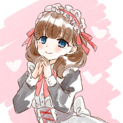 Rule 34 | 1girl, black dress, blue eyes, bow, brown hair, closed mouth, dress, frilled hairband, frills, hairband, hands up, heart, highres, idolmaster, idolmaster cinderella girls, idolmaster cinderella girls starlight stage, juliet sleeves, long sleeves, looking at viewer, pink background, puffy sleeves, red bow, red hairband, rino cnc, sakuma mayu, smile, solo, steepled fingers, two-tone background, upper body, white background