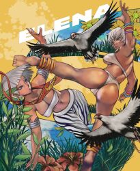 2girls anklet armlet armpits ass barefoot bikini bird blue_eyes bracelet breasts cleavage dark-skinned_female dark_skin earrings elena_(street_fighter) feet fighting flower high_kick highres jewelry kicking large_breasts midriff multiple_girls navel neck_ring nyami short_hair solo street_fighter street_fighter_6 street_fighter_iii_(series) swimsuit toes underboob very_dark_skin white_hair