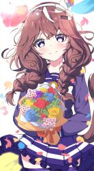 Rule 34 | 1girl, absurdres, animal ears, blush, braid, breasts, brown hair, commentary request, curren bouquetd&#039;or (umamusume), flower, hair ornament, hairband, highres, holding, holding flower, horse girl, looking at viewer, low twin braids, petals, school uniform, simple background, smile, solo, tracen school uniform, twin braids, umamusume, utsubo (u-tubo), white background